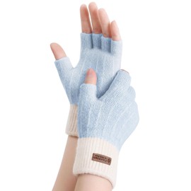 Winter Gloves - Fingerless Glove Women Men Warm Knit for Cold Weather with Thermal Fleece Lined Ladies Mitten-Blue