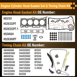 2.4L Timing Chain Kit with HGS167 Head Gasket Set with Bolts Fits for 2007-2014 Chrysler 200 Sebring, for 2007-2015 J-eep Compass Patriot, for 2008-2016 Dodge Avenger Journey 2.4L L4 Replace 4884868AB