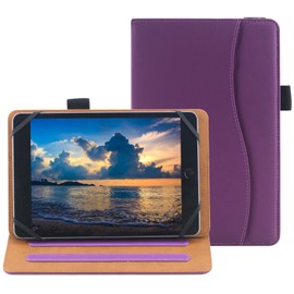 6 7 8 Inch Universal Tablet Case Folio Leather Stand Shell Case with Adjustable Angle Band and Pouch for Documents, Cards and Pen Holder (Purple)