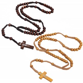 Kuesn 2 Pcs Wooden Beads Rosary Necklaces Handmade Rosaries Wood Rosary Necklaces Beads Christ Jesus Imprint Cross Religious Accessories Christian Necklaces (Coffee and Dark Coffee)