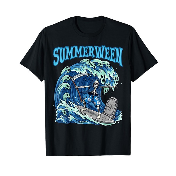 Summerween Skeleton Surf Grim Reaper Beach Spooky Halloween T-Shirt