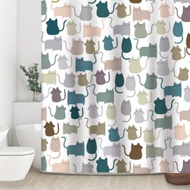 Sunlit Design Extra Long Lovely Multicolor Cartoon Cats Fabric Shower Curtain, Cute Cats Bathroom Decoration Curtains