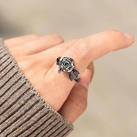 Black Rose Ring for Women Silver Rose Self-Love Friend Ring Burned and Survived Flower Ring Blooming Inspirational Friendship Ring Best Friend Motivational Jewelry, Metal, No Gemstone