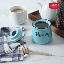 HAOTOP Farmhouse Porcelain Honey Jar with Dipper and Lid Set 12oz,Easy to Clean (Turquoise)
