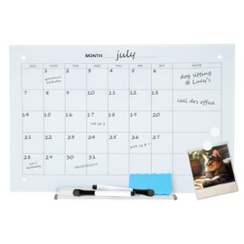 Sunnydaze Glass Calendar Dry Erase Board for Wall with Markers - Glass Magnetic Whiteboard for Home or Office - 23" W x 17" H - White