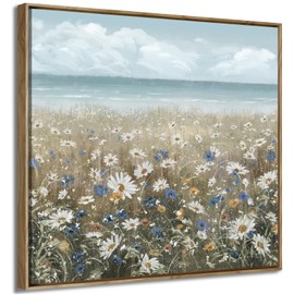 Framed Wall Art for Bedroom Décor Farmhouse Boho Beach Coastal Vintage Floral Ocean Wall Picture Daisy Flowers Sea Canvas Print Nautical Neutral Seascape Artwork for Home Living Room Bedroom Office 24x24"