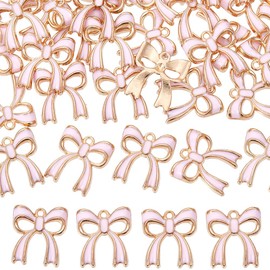 SUNNYCLUE 1 Box 40pcs Alloy Bow Charms Bow Tie Charm Flat Pink Enamel Large Metal Light Gold Kawaii Bowknot Charms Bulk For Jewellery Making Earrings Necklaces Festival Wedding Supplies Accessories