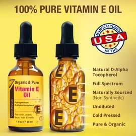 Seven Minerals Ultra Pure Vitamin E Oil - Full-Spectrum D-Alpha Tocopherol, 1 Fl Oz - 100% Organic Vitamin E Oil for Skin, Face, Hair, and Scars - Naturally Occurring = Not Synthetic