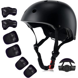 Kids Bike Helmet Set, CPSC Certified with Knee Pads Elbow Pads Wrist Guards,Adjustable Helmet for Ages 3-5-8-15 Toddler Kids&Youth,Bicycle Skateboarding (Black, Medium (8-15 Years))