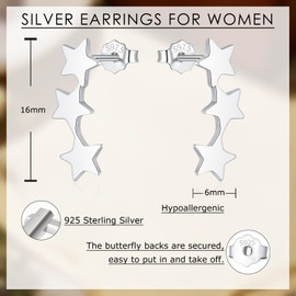Zolkamery Silver Studs Earrings, 925 Sterling Silver Star Stud Earrings for Women, 3 Star Stud Earring, 16mm Hypoallergenic Cartilage Sleeper Ear Studs Earring, Gifts for Girls Children with Box