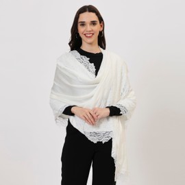 VERAME Modal Pashmina Lace Scarf for Women Lightweight Shawl Wrap for Weddings, Parties & Casual Wear Soft Floral Lace Stole (White)
