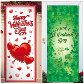 TaoBary 2 Pcs Valentine's Day and St. Patricks Day Door Covers Polyester Red Heart Happy Valentines Door Banner Green Shamrock Front Porch Decor for Valentines Day Irish Party Decorations Supplies
