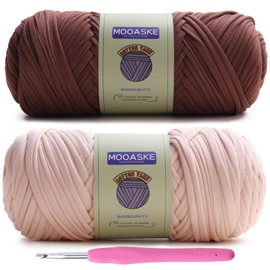 Mooaske 2 Pack T-Shirt Crochet Yarn for DIY Knitting Crochet Cloth Blanket Bag Dolls - 400g Chunky Thick Yarn for Crocheting with Polyester-Spandex Blend Elastic Fabric (Beige+Brown)