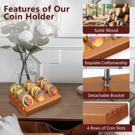 YRCKUDZKG Challenge Coin Display, Military Coin Holder Display with Solid Wood, 4 Rows Army Coin Display Case Rack Holds 12 Coins, Wooden Small Slotted Display Stands (Walnut Finish)