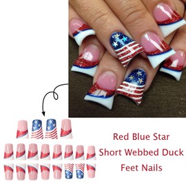 24 Pcs 4 th of July Press on Nails Medium Length Duck Nails Independence Day False Nails Blue Red Glitter Fake Nails with Stripe and Star Design Acrylic Full Cover Stick on Nails for Women Girls Nail