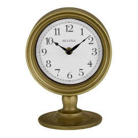 Bulova Monitor Table Clock B8904 | 8.2" Matte Bronze Metal Case with Parchment-Style Dial | Quartz Movement | Battery Operated | Classic Desktop Accent Design