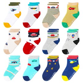 HYzgb Baby Socks 12-24 Months Toddler Socks Boys with Grips 1-2-3 Years Old 12 Pairs Cotton Non Slip Crew Socks, 1T-2T-3T Toddlers Baby Boys Gift (Multi-Colors)