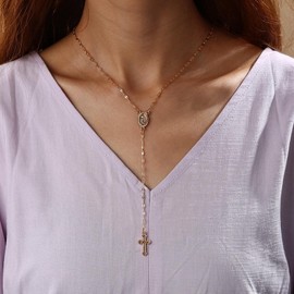 Aneneiceera Boho Cross Necklace Chain Cross Long Y Drop Necklace Chain Gold Virgin Mary Pendant Necklace Faith Cross Lariat Necklace Chain Jewellery Gifts for Women and Girls, Metal Material
