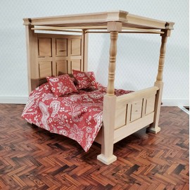 Streets Ahead Dollhouse Bed 4 Poster Canopy Tudor Style Unpainted Wood 1:12 Scale Miniature