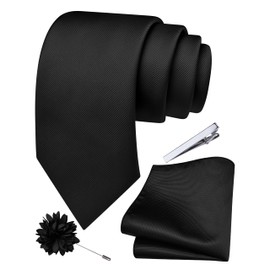 Branduce 3.15"（8cm） Solid Formal Tie and Pocket Square Plain Necktie Lapel Pin and Tie Clip Set for Men, Black, general