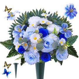 AILVEMEE Artificial Grave Flowers for Cemetery with Vase,Sympathy Cemetery Flowers for Grave Sites,Florist Designed Memorial Tombstone Bouquet,Silk Floral Decor:Blue Rose,Tulip,Butterfly