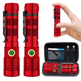 Rechargeable Flashlight High Lumens, 12000 High Lumens Super Bright Flash Light, 1500 Meter Long-Range Zoomable LED Flashlights for Emergency, EDC, Searching, Waterproof Flashlight Dimmable Red 2Pcs