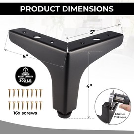 Furniture Legs 4 inches, Set of 4 Triangle Furniture Feet Modern Style Furniture Sofa Legs, Heavy Duty DIY Replacement Black Legs for Table Cabinet Cupboard Sofa Couch Chair