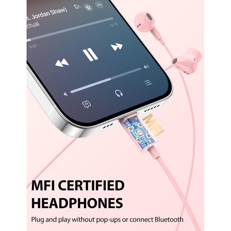 iMangoo for Apple Lightning Headphones MFi-Certified Wired Earbuds Pink