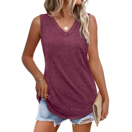 OFEEFAN Flowy Tank Tops for Women Spring Tops Dressy V Neck Sleeveless Summer Tops 2025 Vacation Outfits Fashion Clothes Burgundy L