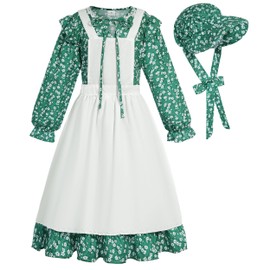 Cuteshower Colonial Costume Girl Prairie Dress Pioneer Girl Costume with Hat (Green, 10-12 Years)