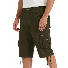 Rejork Mens Cargo Shorts with 8 Pockets Long Below Knee Length Relaxed Fit Casual Hiking Work Outdoor Olive Green 36