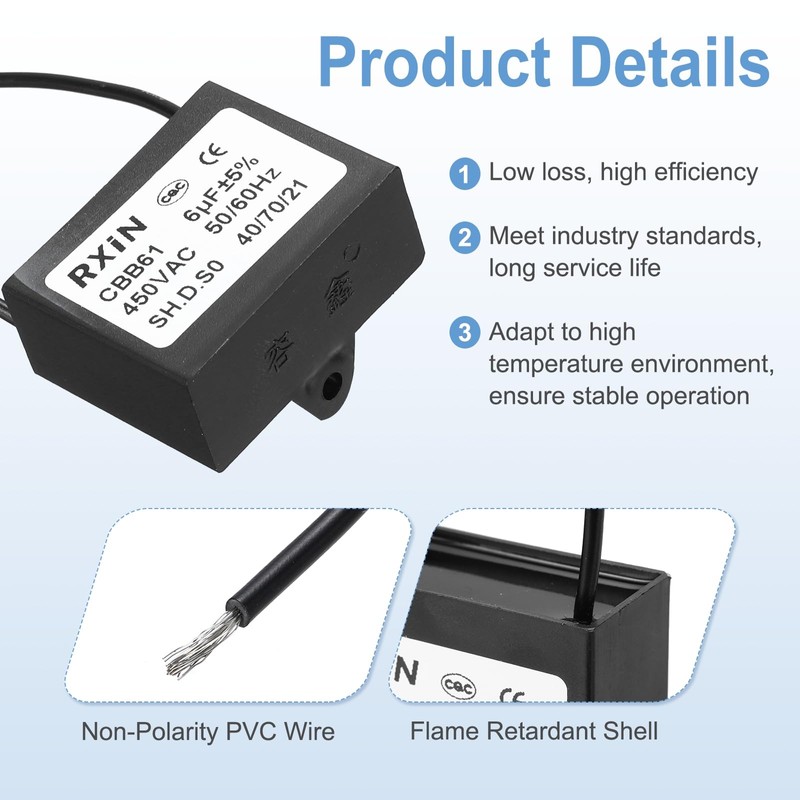 sourcing map CBB61 Capacitor, 6uF 450V 2-Wire Ceiling Fan Motor