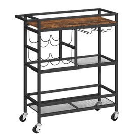 MAHANCRIS Bar Cart for Home, 3-Tier Serving Cart with Wheels and Handle, Beverage Cart with Wine Rack and Glass Holders, Rolling Wine Cart for Kitchen, Dining Room, Rustic Brown RCHR6101