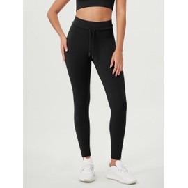 ODODOS Women's Drawstring Tie Daily Leggings 28" Inseam Full Length High Waist Workout Yoga Pants, Black, Large