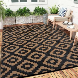 GlowSol Waterproof Outdoor Rug 9x18 Reversible Outdoor Plastic Straw Rug Camping RV Carpet Outside Modern Geometric Foldable Patio Mat for Porch,Deck,Backyard,Balcony,Picnic,Beach,Black Brown