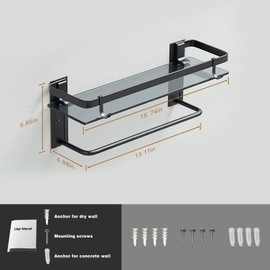 VOLPONE Glass Shelf for Bathroom 15.7 in Black Bathroom Shelves Wall Mounted Tempered Glass Shelving with 2 Removable Hooks (1 Tier)