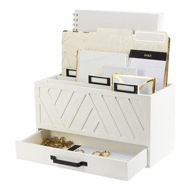 BLU MONACO White Desktop Mail Organizer – Three-Tiered with Gold Label Holders and Drawer – Stylish Mail Holder and Countertop Document Storage for Home or Office