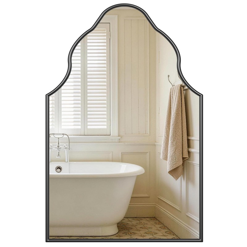 Scalloped Bathroom Mirror, 36" x 24" Arched Black Vanity Mirror