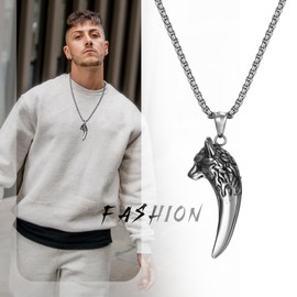 Oidea Wolf Tooth Necklace for Men Women: Nordic Viking Wolf Head Pendant Necklace Stainless Steel Necklace ewelry Gift Length 22''