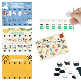 Simply OK Set of 3 Charts For Kids - Daily Responsibility Chores Behavior Chart With Stickers, Adhesive Magnets, Sticky Back Hooks For Walls - Children's Morning & Night Checklist Tracker For Ages 2-7