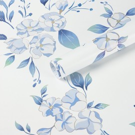 GloryTik Peel and Stick Wallpaper Floral Wallpaper Blue and White Wallpaper Removable Self-Adhesive Wallpaper Modern Contact Paper for Cabinets Bedroom Bathroom Vinyl Wallpaper 17.3"x78.7"