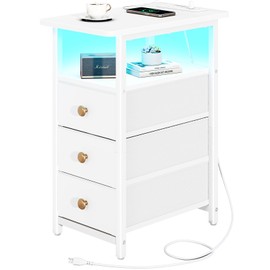 Yoobure End Table with Charging Station, LED Narrow Side Table Bedside Table, Small Night Stand End Tables Living Room, Skinny Nightstand with 3 Fabric Drawers, Side Tables Bedroom for Small Spaces