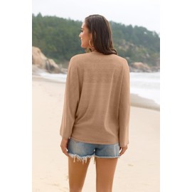 Iandroiy 3/4 Sleeve Kimono Cardigan Loose Cover Ups Casual Lightweight Open Front Shrugs for Women (Medium, Khaki)