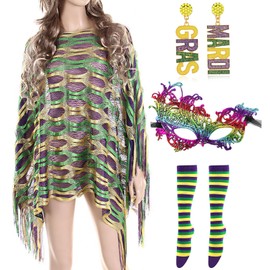 NUMJAW Mardi Gras Outfit for Women Mardi Gras Costumes Accessories - Mardi Gras Masquerade Masks,Tassel Shawl Scarf cloak,Earrings,Socks - Carnival Dress up Rave Party Outfit Mardi Gras Accessories