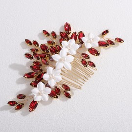 Teyglen Wine Red Wedding Flower Hair Comb Vintage Burgundy Crystal Hair Piece for Bride Rhinestone Wedding Hair Comb Floral Hair Accessories for Women White Flower Headpiece(Wine red)