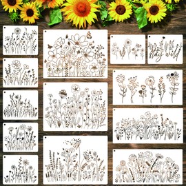 13 Pieces Wildflower Stencils for Painting,Reusable Spring Flower Wall Stencils,DIY Floral Field Plant Drawing Template for Fabirc,Wood,Furniture and Card Making