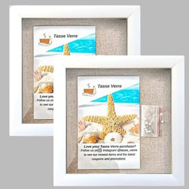 Tasse Verre 8"x8" White Display Shadow Box (2-Pack) Frame w/ Linen Background and 16 Stick Pins - Ready to Hang Shadowbox Picture Frame - Easy to Use - Box Display Wedding Baby and Sports Memorabilia