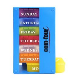com-four® Medikamentendosierer 7 Tage auf ENGLISCH - Wochendosierer für morgens, mittags, abends - Pillendose mit 3 Fächern für unterwegs [ENGLISCH] (hellblau)