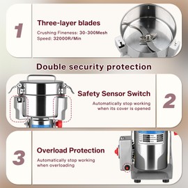 Flour Mill 2000g High‑speed Grinder 32000 Rpm & 270° Swing, Lid‑open Auto‑stop Dual Safety Protection, Grain Mill for Flour Corn Wheat Rice Coffee Machine for Home Kitchen & Commercial