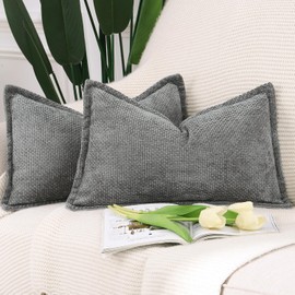 Madizz Set of 2 Chenille Velvet with Edge Cushion Covers, Soft Decorative Cushion Covers, Modern Cushion Cover for Sofa, Living Room, Bedroom, Dark Grey, 40 x 80 cm